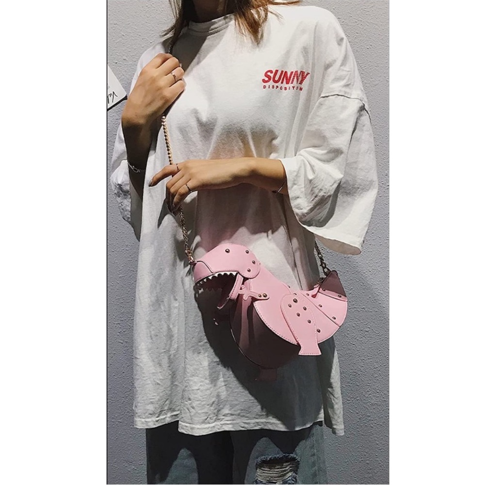 🦖 NWT Pink T Rex Dino Shoulder Crossbody Bag Gold Chain Strap Cute Fun Novelty